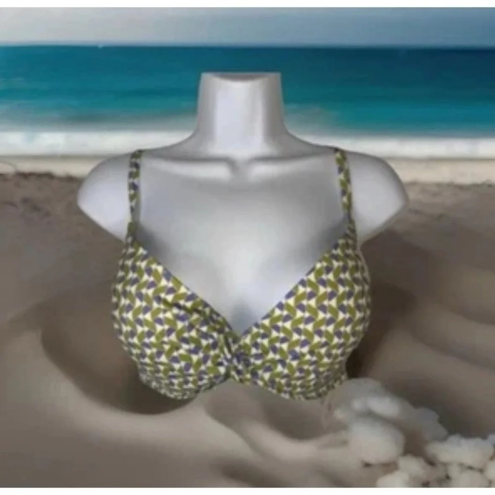 Shade & Shore Bikini Top Women 36C Green Geometric Twist Front Underwire Swim